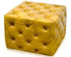 Casa Padrino Luxus Echtleder Fußhocker Vintage Gelb 64 x 64 x H. 46 cm - Chesterfield Möbel