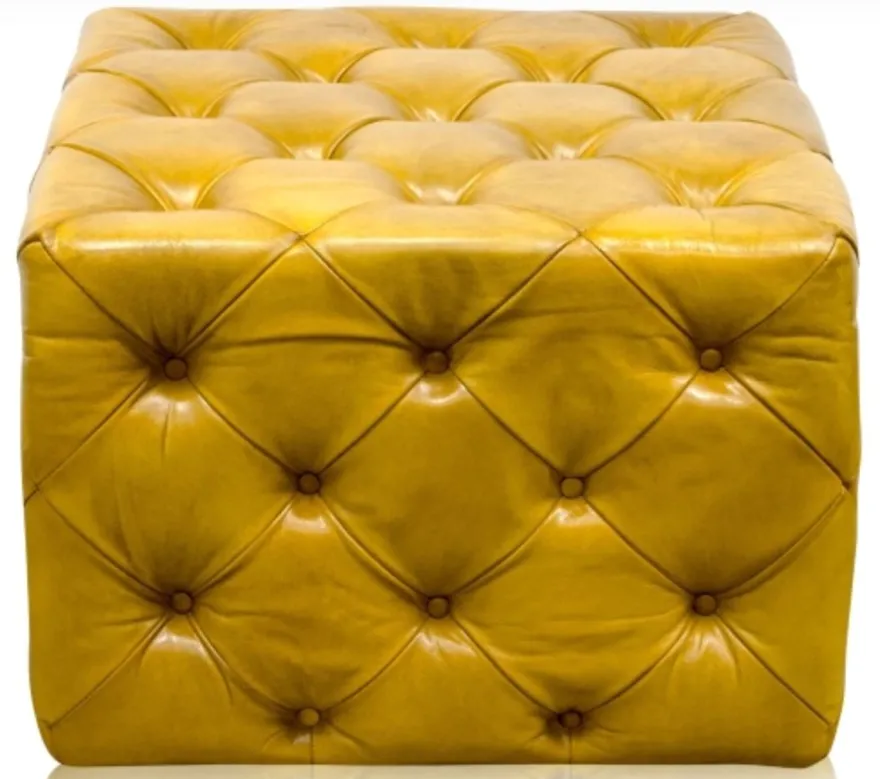 Casa Padrino Luxus Echtleder Fußhocker Vintage Gelb 64 x 64 x H. 46 cm - Chesterfield Möbel