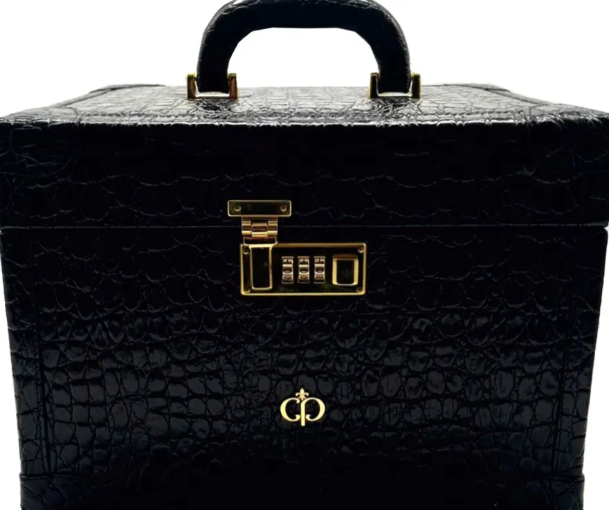 Casa Padrino Luxus Echtleder Schminkkoffer Schwarz / Gold 28 x 16 x H. 16 cm
