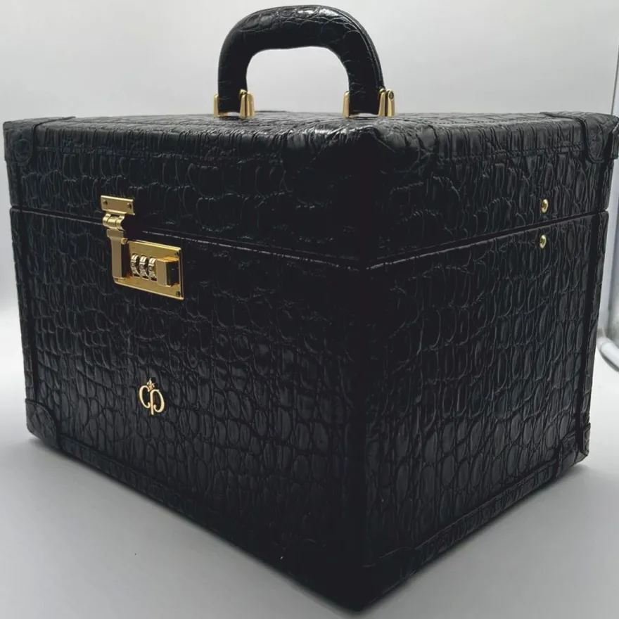 Casa Padrino Luxus Echtleder Schminkkoffer Schwarz / Gold 28 x 16 x H. 16 cm