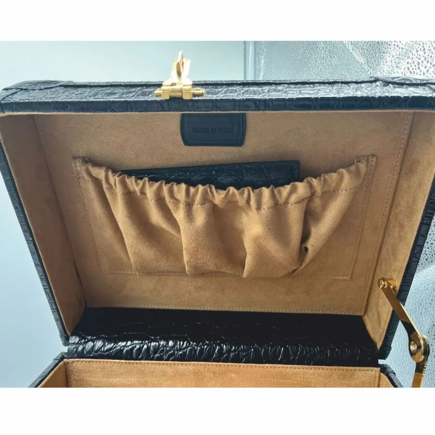 Casa Padrino Luxus Echtleder Schminkkoffer Schwarz / Gold 28 x 16 x H. 16 cm
