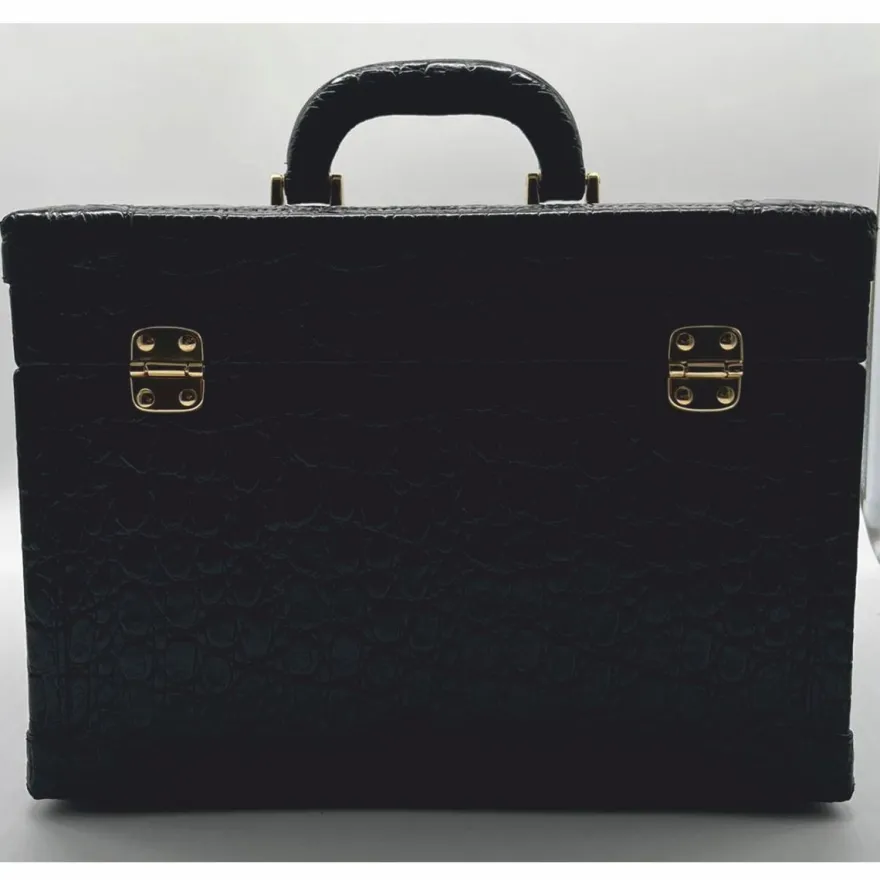 Casa Padrino Luxus Echtleder Schminkkoffer Schwarz / Gold 28 x 16 x H. 16 cm