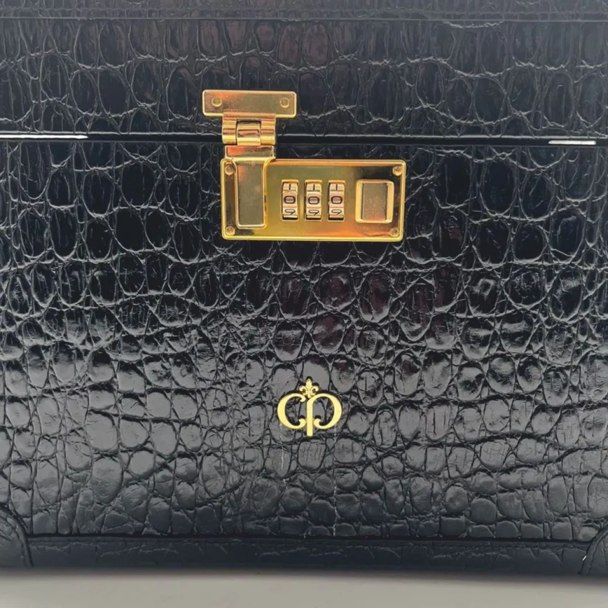 Casa Padrino Luxus Echtleder Schminkkoffer Schwarz / Gold 28 x 16 x H. 16 cm