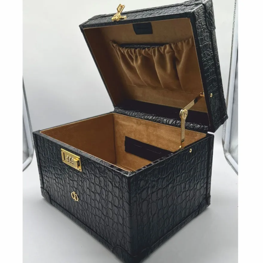 Casa Padrino Luxus Echtleder Schminkkoffer Schwarz / Gold 28 x 16 x H. 16 cm