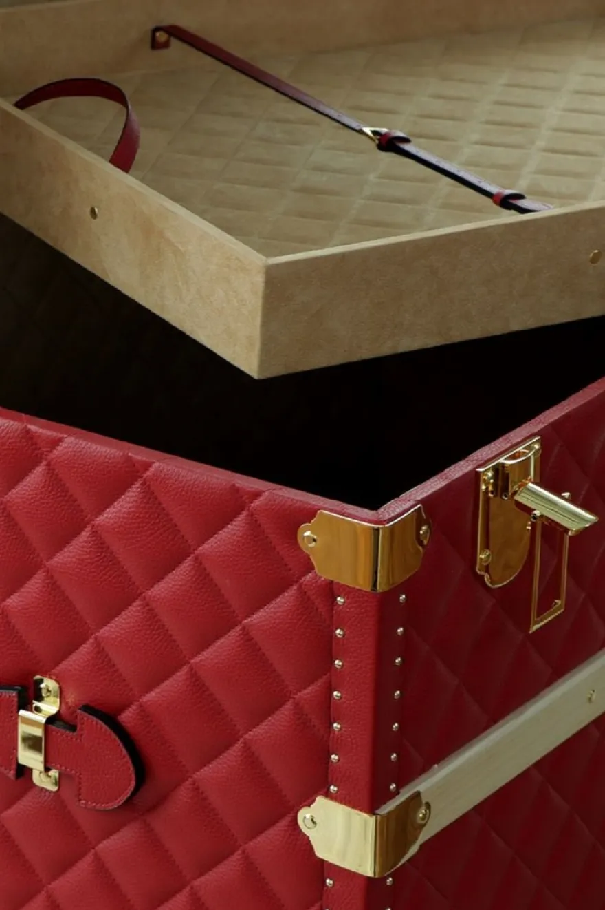 Casa Padrino Luxus Echtleder Koffer Rot / Gold 100 cm - Made in Italy