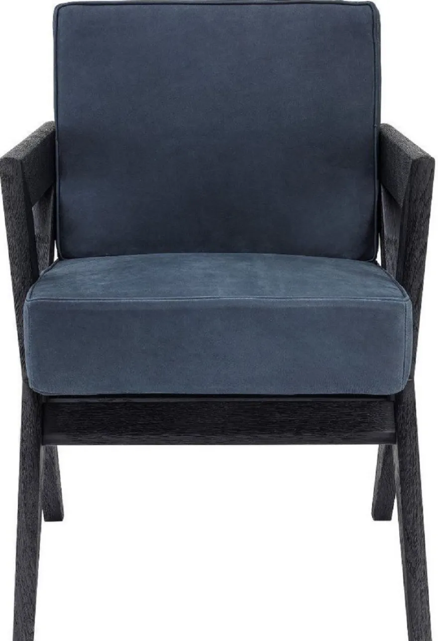 Casa Padrino Luxus Echtleder Esszimmerstuhl mit Armlehnen Blau / Schwarz 59 x 74 x H. 88 cm - Küchenstuhl mit edlem Nubuk Büffelleder - Luxus Esszimmer Möbel