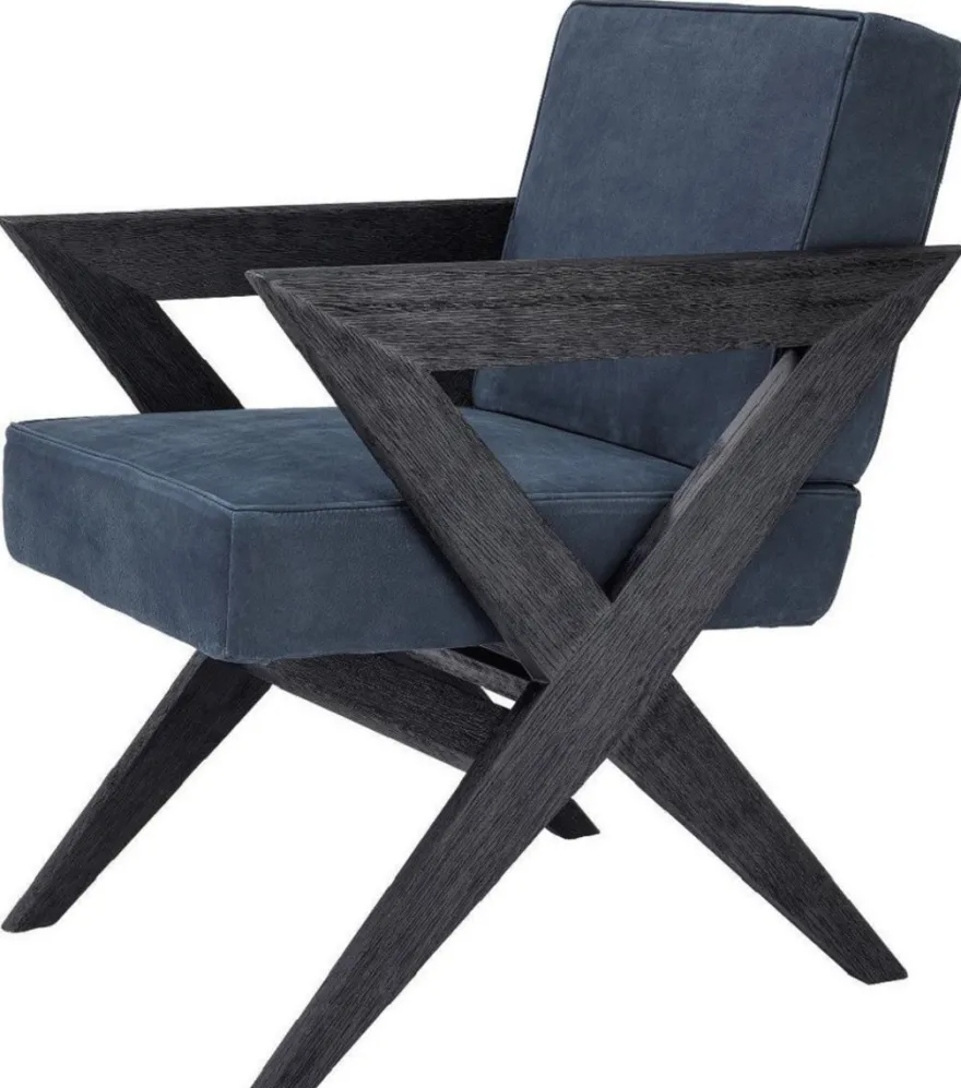 Casa Padrino Luxus Echtleder Esszimmerstuhl mit Armlehnen Blau / Schwarz 59 x 74 x H. 88 cm - Küchenstuhl mit edlem Nubuk Büffelleder - Luxus Esszimmer Möbel