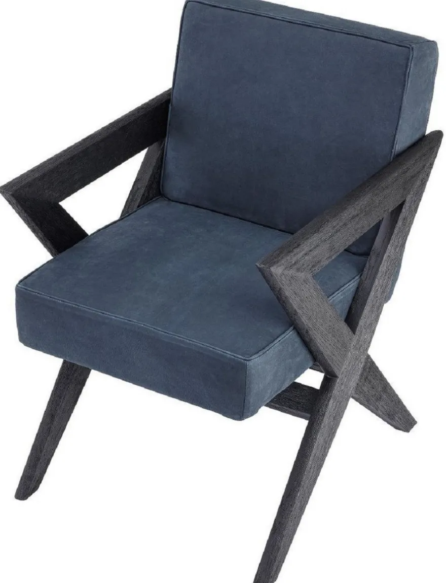 Casa Padrino Luxus Echtleder Esszimmerstuhl mit Armlehnen Blau / Schwarz 59 x 74 x H. 88 cm - Küchenstuhl mit edlem Nubuk Büffelleder - Luxus Esszimmer Möbel