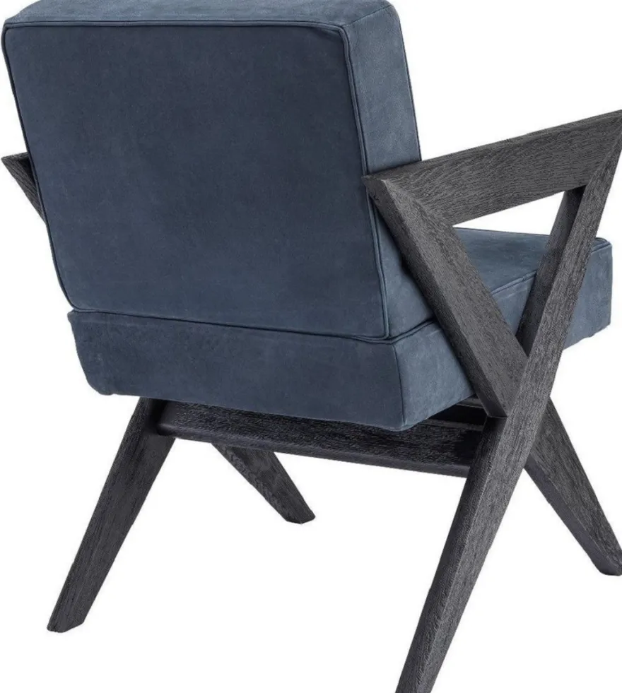 Casa Padrino Luxus Echtleder Esszimmerstuhl mit Armlehnen Blau / Schwarz 59 x 74 x H. 88 cm - Küchenstuhl mit edlem Nubuk Büffelleder - Luxus Esszimmer Möbel