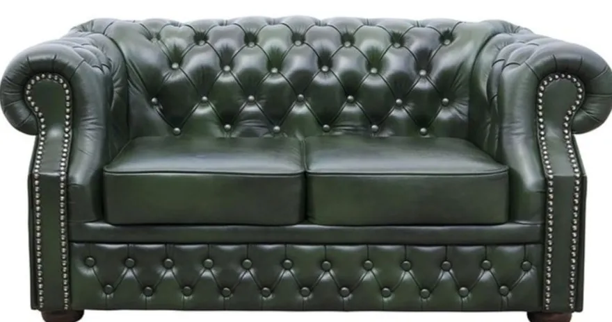 Casa Padrino Luxus Echtleder 2er Sofa Dunkelgrün 180 x 90 x H. 80 cm - Chesterfield Möbel