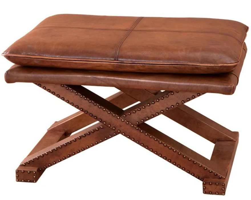 Casa Padrino Luxus Echt Leder Hocker Braun mit Nieten - Leder Möbel