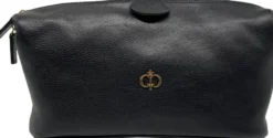 Casa Padrino Luxus Echtleder Kosmetiktasche Schwarz / Gold 28 cm - Made in Italy