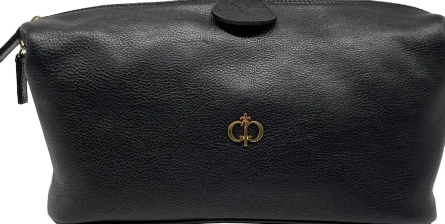 Casa Padrino Luxus Echtleder Kosmetiktasche Schwarz / Gold 28 cm - Made in Italy