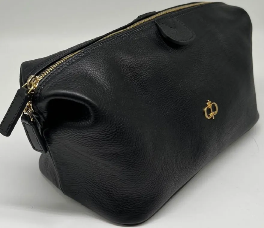 Casa Padrino Luxus Echtleder Kosmetiktasche Schwarz / Gold 28 cm - Made in Italy