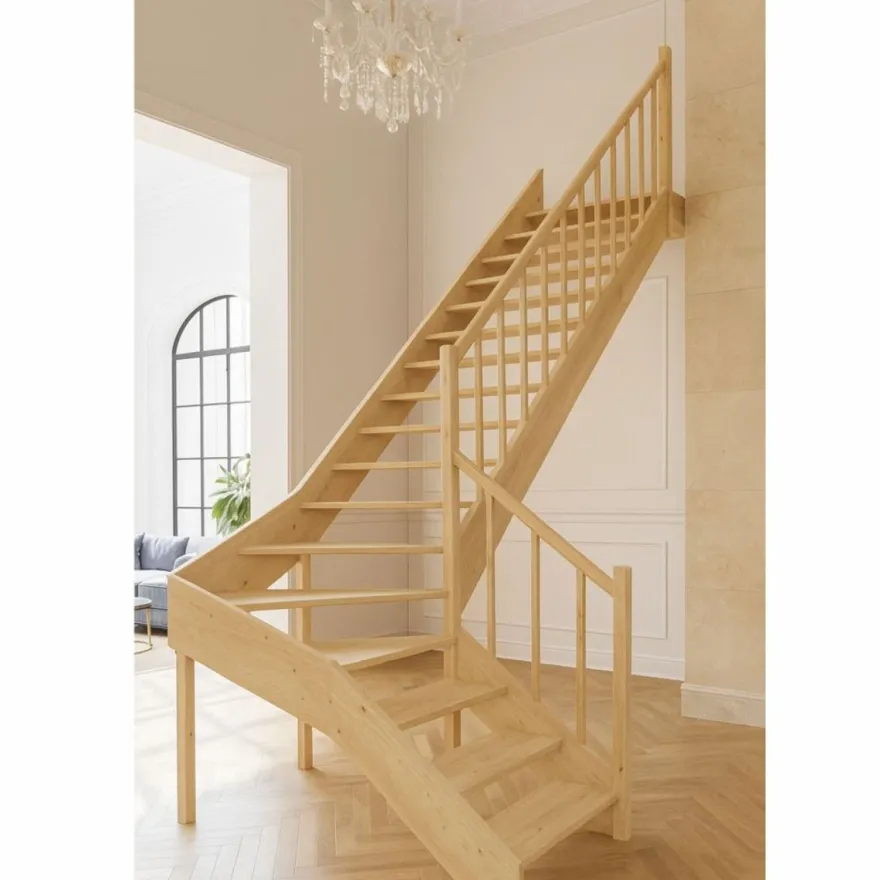 Casa Padrino Luxus Eck-Holztreppe mit Geländer rechte Seite Naturfarben H. 304 cm