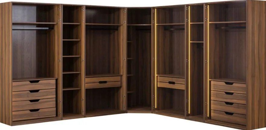 Casa Padrino Luxus Eck Kleiderschrank Braun / Schwarz 345 x 345 x H. 220 cm - Massivholz Schlafzimmerschrank mit 11 Glastüren und LED Beleuchtung - Schlafzimmer Möbel - Hotel Möbel - Luxus Möbel