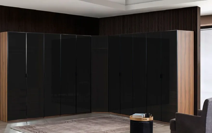 Casa Padrino Luxus Eck Kleiderschrank Braun / Schwarz 345 x 345 x H. 220 cm - Massivholz Schlafzimmerschrank mit 11 Glastüren und LED Beleuchtung - Schlafzimmer Möbel - Hotel Möbel - Luxus Möbel