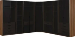 Casa Padrino Luxus Eck Kleiderschrank Braun / Schwarz 345 x 345 x H. 220 cm - Massivholz Schlafzimmerschrank mit 11 Glastüren und LED Beleuchtung - Schlafzimmer Möbel - Hotel Möbel - Luxus Möbel