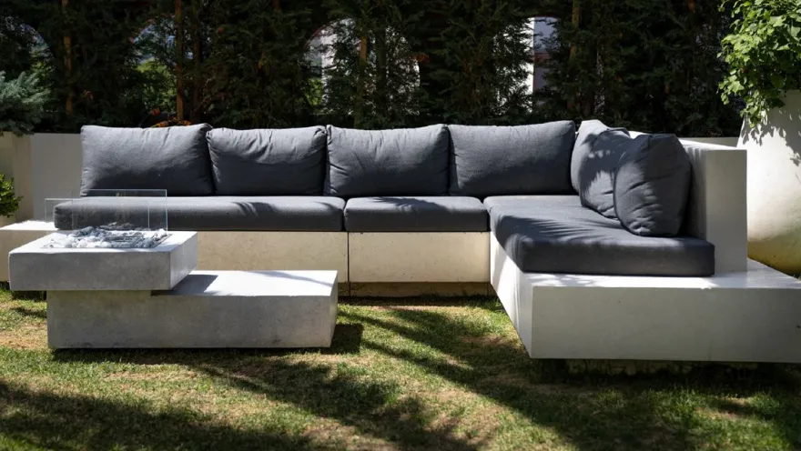 Casa Padrino Luxus Ecksofa Anthrazit / Weiß 335 x 265 cm - Modulares Wetterfestes Beton Sofa