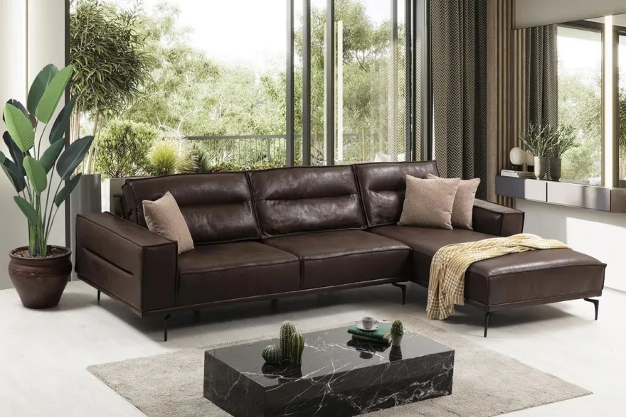 Casa Padrino Luxus Ecksofa Braun / Schwarz 305 x 185 cm - Modernes Wohnzimmer Sofa mit Nubuk Kunstleder - Luxus Schlafsofa - Luxus Wohnzimmer Möbel
