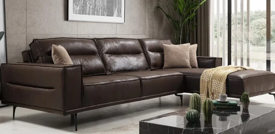 Casa Padrino Luxus Ecksofa Braun / Schwarz 305 x 185 cm - Modernes Wohnzimmer Sofa mit Nubuk Kunstleder - Luxus Schlafsofa - Luxus Wohnzimmer Möbel