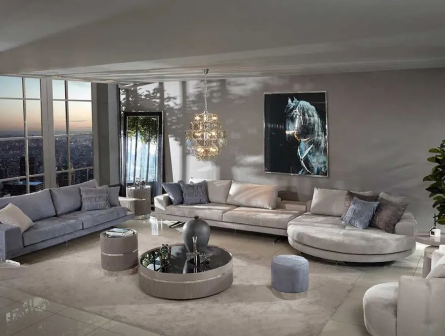 Casa Padrino Luxus Ecksofa Grau / Silber 430 x 100 x H. 65 cm - Wohnzimmer Sofa - Wohnzimmer Möbel - Luxus Möbel - Luxus Wohnzimmer Einrichtung