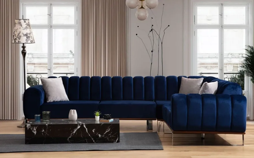 Casa Padrino Luxus Ecksofa mit verstellbaren Rückenlehnen Blau / Braun / Silber 320 x 180 x H. 80 cm - Wohnzimmer Sofa - Wohnzimmer Möbel - Luxus Möbel - Luxus Einrichtung