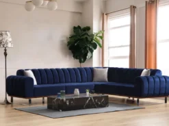 Casa Padrino Luxus Ecksofa mit verstellbaren Rückenlehnen Blau / Braun / Silber 320 x 180 x H. 80 cm - Wohnzimmer Sofa - Wohnzimmer Möbel - Luxus Möbel - Luxus Einrichtung