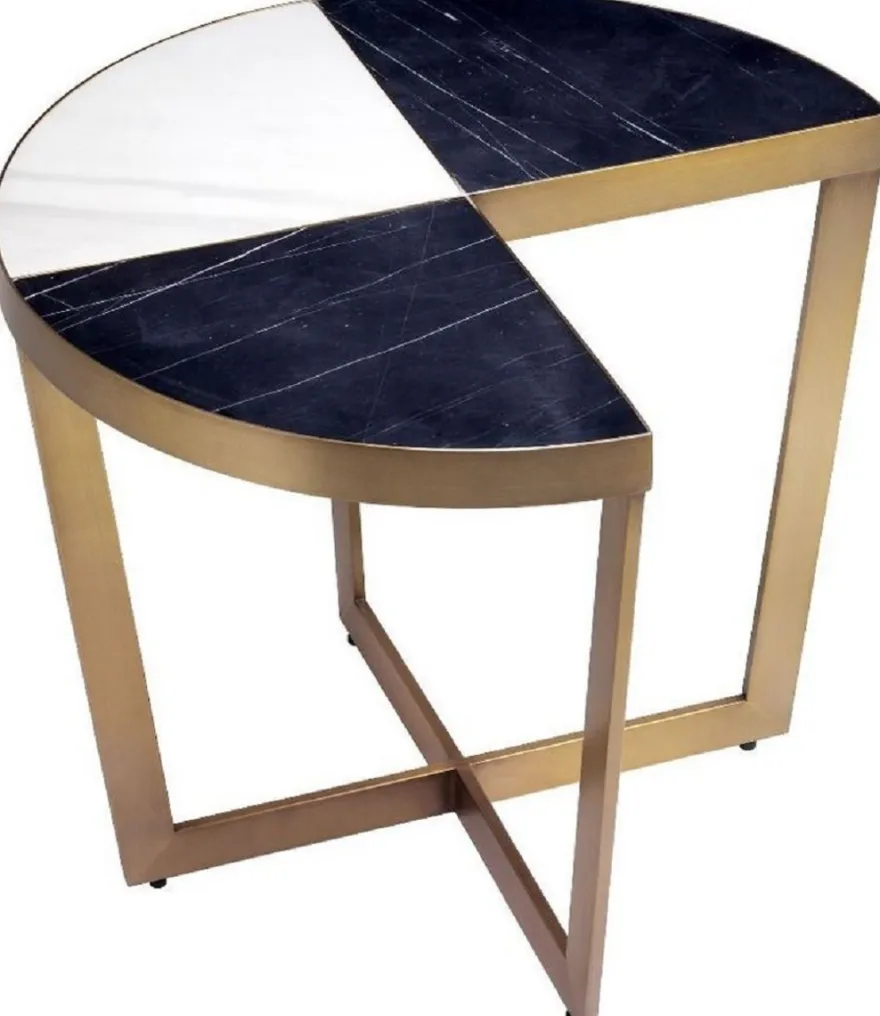 Casa Padrino Luxus Edelstahl Beistelltisch mit Marmor Tischplatte Schwarz / Weiß / Messingfarben Ø 60 x H. 50,5 cm - Luxus Möbel