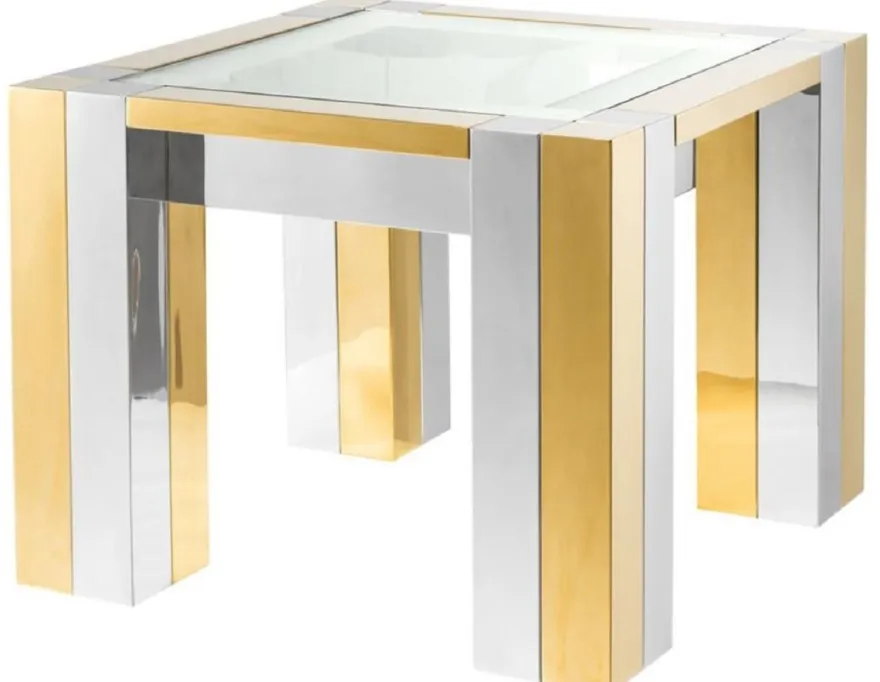 Casa Padrino Luxus Edelstahl Beistelltisch Silber / Gold 65 x 65 x H. 50 cm - Designer Beistelltisch mit Glasplatte