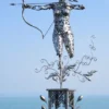 Casa Padrino Luxus Edelstahl Garten Skulptur Frau mit Bogen Silber 160 x 100 x H. 328 cm - Handgefertigte Wetterbeständige Garten Dekoration - Luxus Kollektion