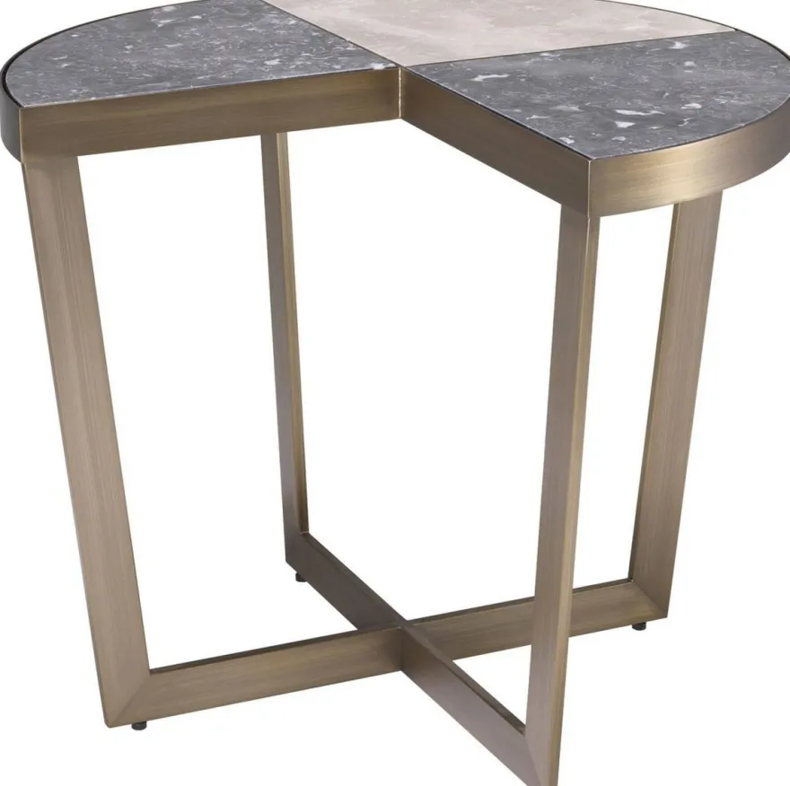 Casa Padrino Luxus Edelstahl Beistelltisch mit Marmor Tischplatte Grau / Beige / Messingfarben Ø 60 x H. 50,5 cm - Luxus Möbel