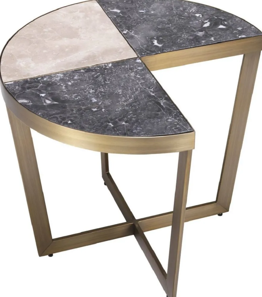 Casa Padrino Luxus Edelstahl Beistelltisch mit Marmor Tischplatte Grau / Beige / Messingfarben Ø 60 x H. 50,5 cm - Luxus Möbel