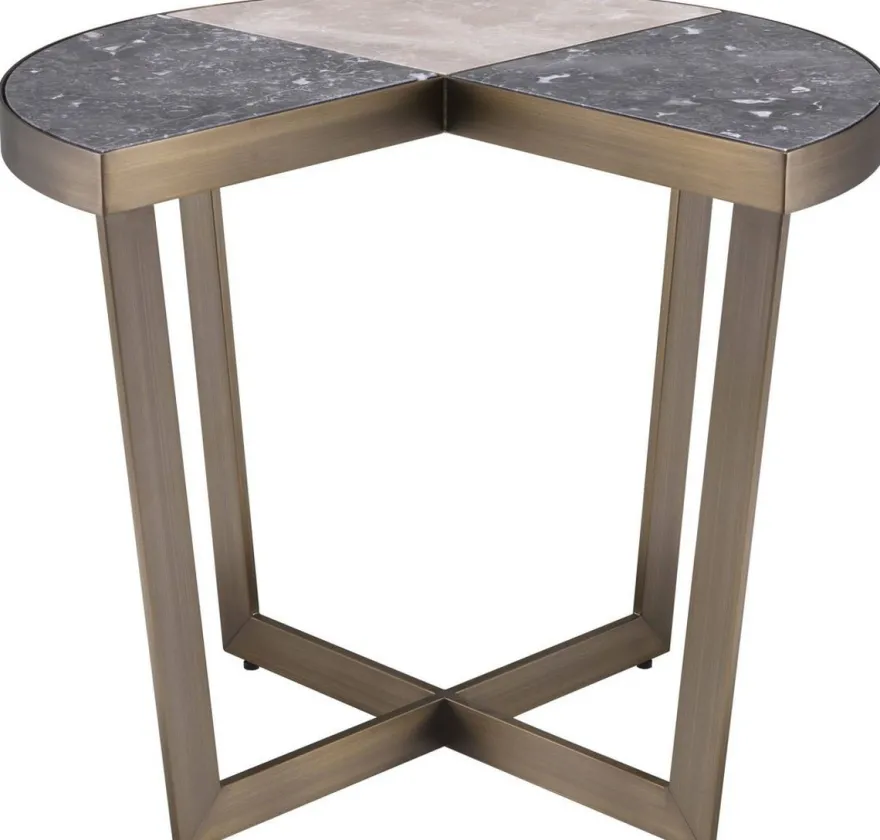 Casa Padrino Luxus Edelstahl Beistelltisch mit Marmor Tischplatte Grau / Beige / Messingfarben Ø 60 x H. 50,5 cm - Luxus Möbel