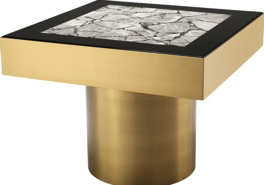Casa Padrino Luxus Edelstahl Beistelltisch mit Kunstmarmorplatte Messingfarben / Hochglanzschwarz / Grau 65 x 65 x H. 50 cm - Designer Wohnzimmermöbel