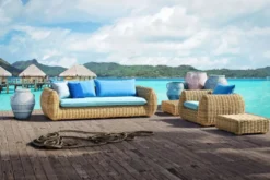 Casa Padrino Luxus 3er Gartensofa Naturfarben / Blau 254 cm