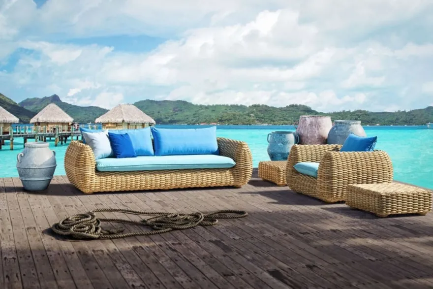 Casa Padrino Luxus 3er Gartensofa Naturfarben / Blau 254 cm