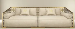 Casa Padrino Luxus 3er Sofa Elfenbeinfarben / Champagner-Gold 325 x 109 cm - Handgefertigtes Sofa mit Kissen - Wohnzimmer Sofa - Garten Sofa - Terrassen Sofa - Hotel Möbel - Luxus Qualität