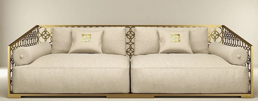 Casa Padrino Luxus 3er Sofa Elfenbeinfarben / Champagner-Gold 325 x 109 cm - Handgefertigtes Sofa mit Kissen - Wohnzimmer Sofa - Garten Sofa - Terrassen Sofa - Hotel Möbel - Luxus Qualität