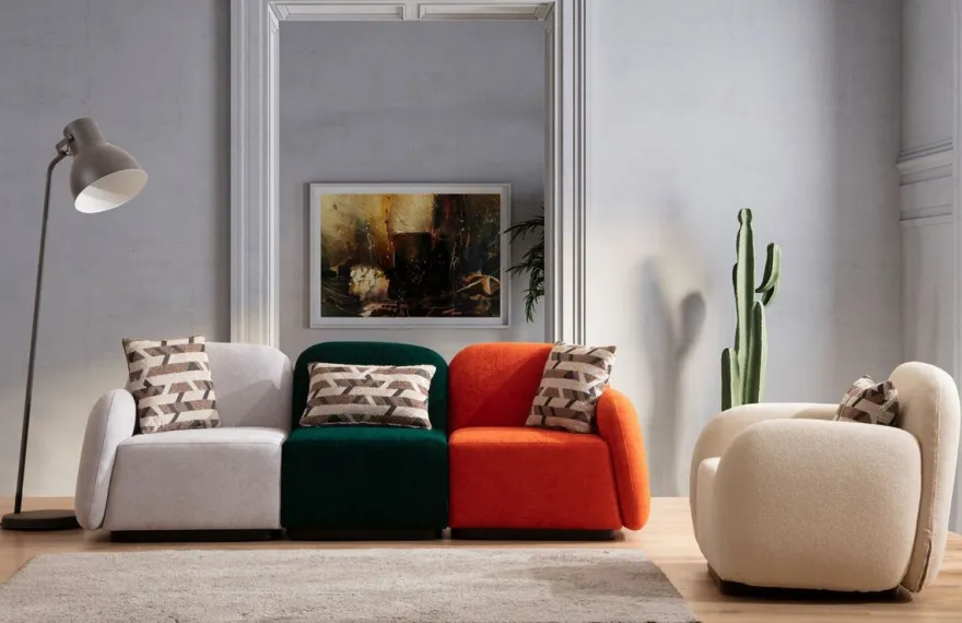 Casa Padrino Luxus 3er Sofa Grau / Grün / Orange / Schwarz 275 x 60 x H. 77 cm - Modulares 3 Teiliges Wohnzimmer Sofa - Hotel Sofa - Wohnzimmer Möbel - Hotel Möbel - Luxus Möbel