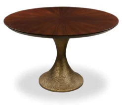 Casa Padrino Luxus Esstisch Braun / Antik Gold Ø 120 x H. 76 cm - Runder Küchentisch mit edler Eichenfurnier Tischplatte und Tischbein in gehämmerter Optik - Luxus Esszimmmer Möbel
