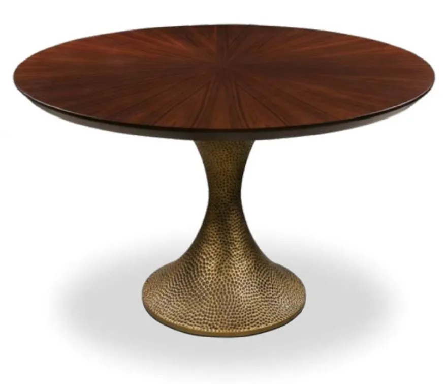 Casa Padrino Luxus Esstisch Braun / Antik Gold Ø 120 x H. 76 cm - Runder Küchentisch mit edler Eichenfurnier Tischplatte und Tischbein in gehämmerter Optik - Luxus Esszimmmer Möbel