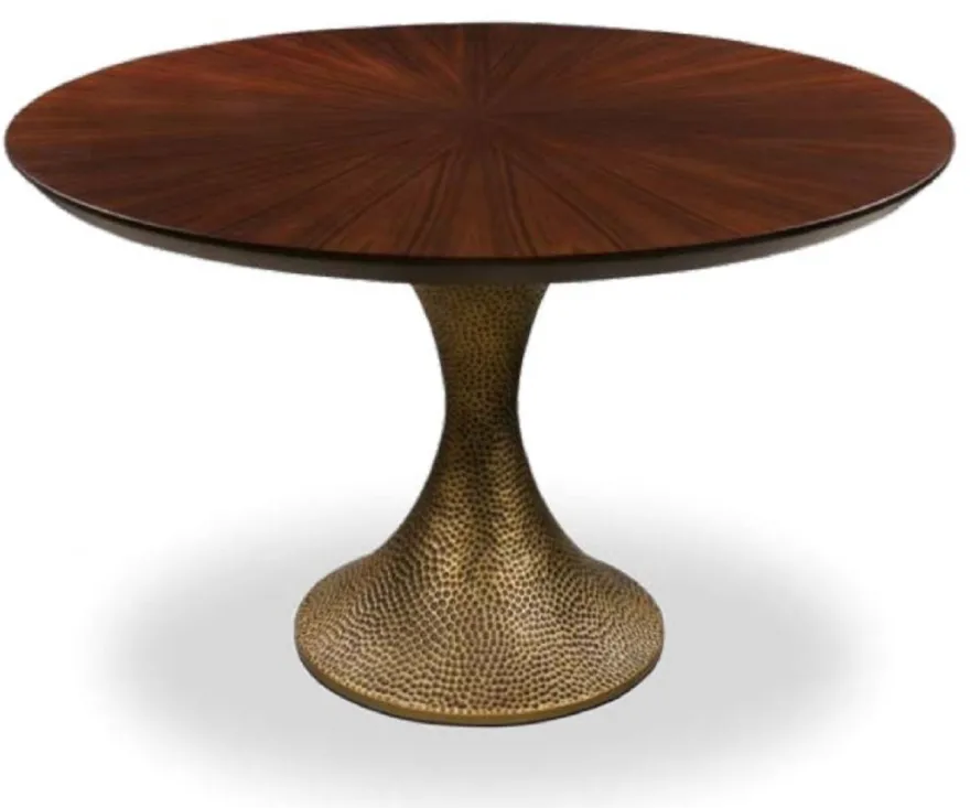 Casa Padrino Luxus Esstisch Braun / Antik Gold Ø 160 x H. 76 cm - Runder Küchentisch mit edler Eichenfurnier Tischplatte und Tischbein in gehämmerter Optik - Luxus Esszimmmer Möbel