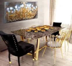 Casa Padrino Luxus Esstisch Braun / Gold 200 x 100 x H. 75 cm - Esszimmer Tisch mit Kunstmarmor Tischplatte - Esszimmer Möbel - Luxus Möbel - Luxus Einrichtung