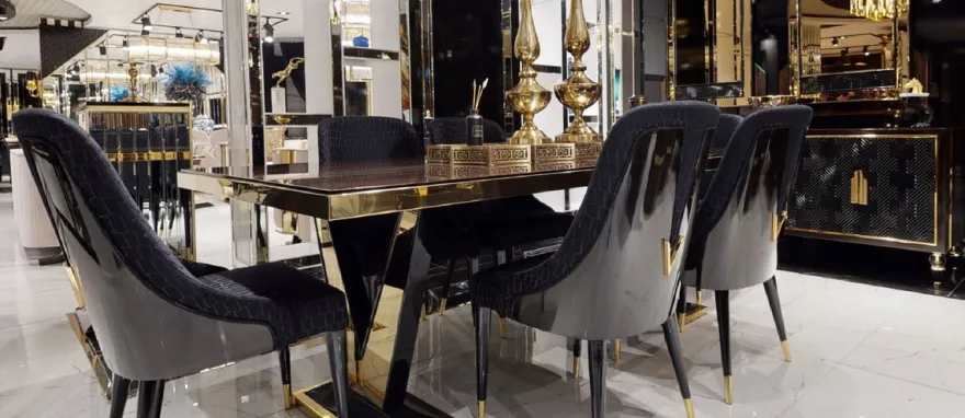 Casa Padrino Luxus Esstisch Dunkelbraun / Gold 220 x 110 x H. 81 cm - Rechteckiger Massivholz Küchentisch - Esszimmer Möbel - Luxus Möbel - Luxus Einrichtung