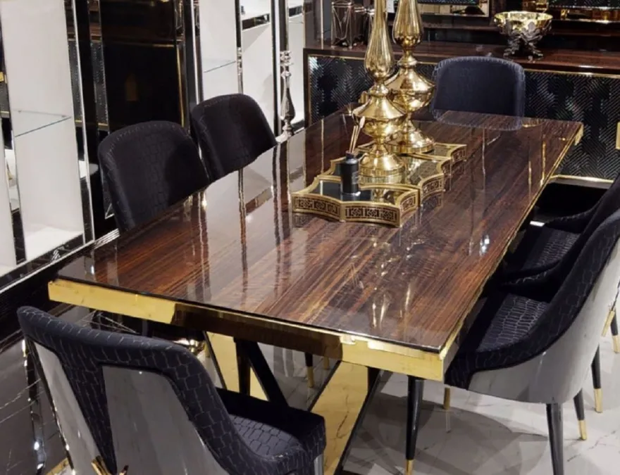 Casa Padrino Luxus Esstisch Dunkelbraun / Gold 220 x 110 x H. 81 cm - Rechteckiger Massivholz Küchentisch - Esszimmer Möbel - Luxus Möbel - Luxus Einrichtung
