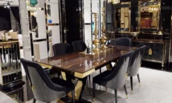 Casa Padrino Luxus Esstisch Dunkelbraun / Gold 220 x 110 x H. 81 cm - Rechteckiger Massivholz Küchentisch - Esszimmer Möbel - Luxus Möbel - Luxus Einrichtung
