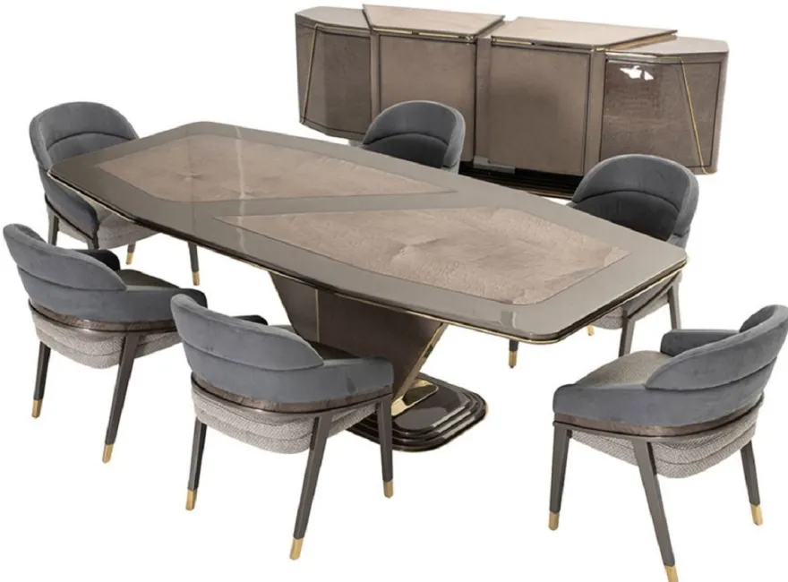 Casa Padrino Luxus Esstisch Grau / Gold 252 x 112 x H. 79 cm - Massivholz Esszimmertisch - Esszimmer Möbel - Luxus Möbel - Luxus Einrichtung
