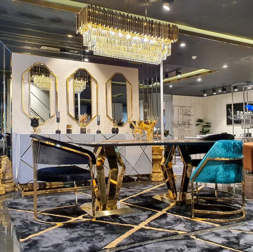 Casa Padrino Luxus Esstisch Gold 200 x 100 x H. 77 cm - Moderner Esszimmertisch mit Glasplatte - Esszimmer Möbel - Luxus Kollektion
