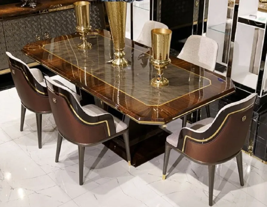 Casa Padrino Luxus Esstisch Grau / Braun / Gold 226 x 112 x H. 70 cm - Rechteckiger Massivholz Küchentisch - Esszimmer Möbel - Luxus Möbel - Luxus Kollektion